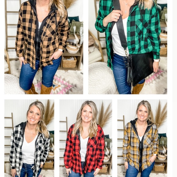 Hoodie Lined Plaid Shacket- Tan - Picture 4 of 4